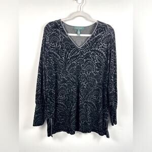 Lauren Ralph Lauren 1X Velvet Burnout Floral Black Tunic Blouse
